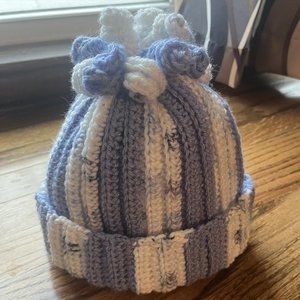 Blue & White stripe beanie with curls hat
